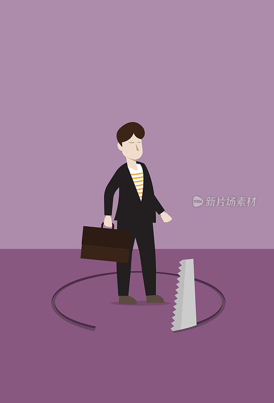Businessman stand on ground hole cut by a saw